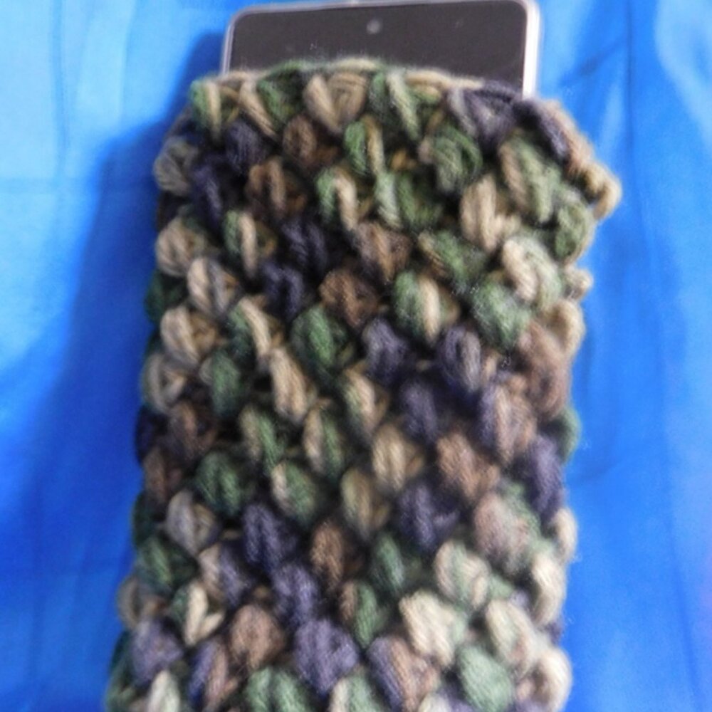 Army green crocheted cellphone case 4x7 inches